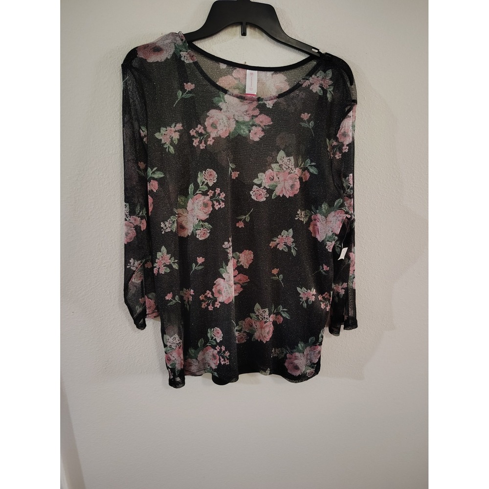 No Boundaries Women XXXL Black Floral Sheer Mesh‎ Metallic Sparkle Top NWT